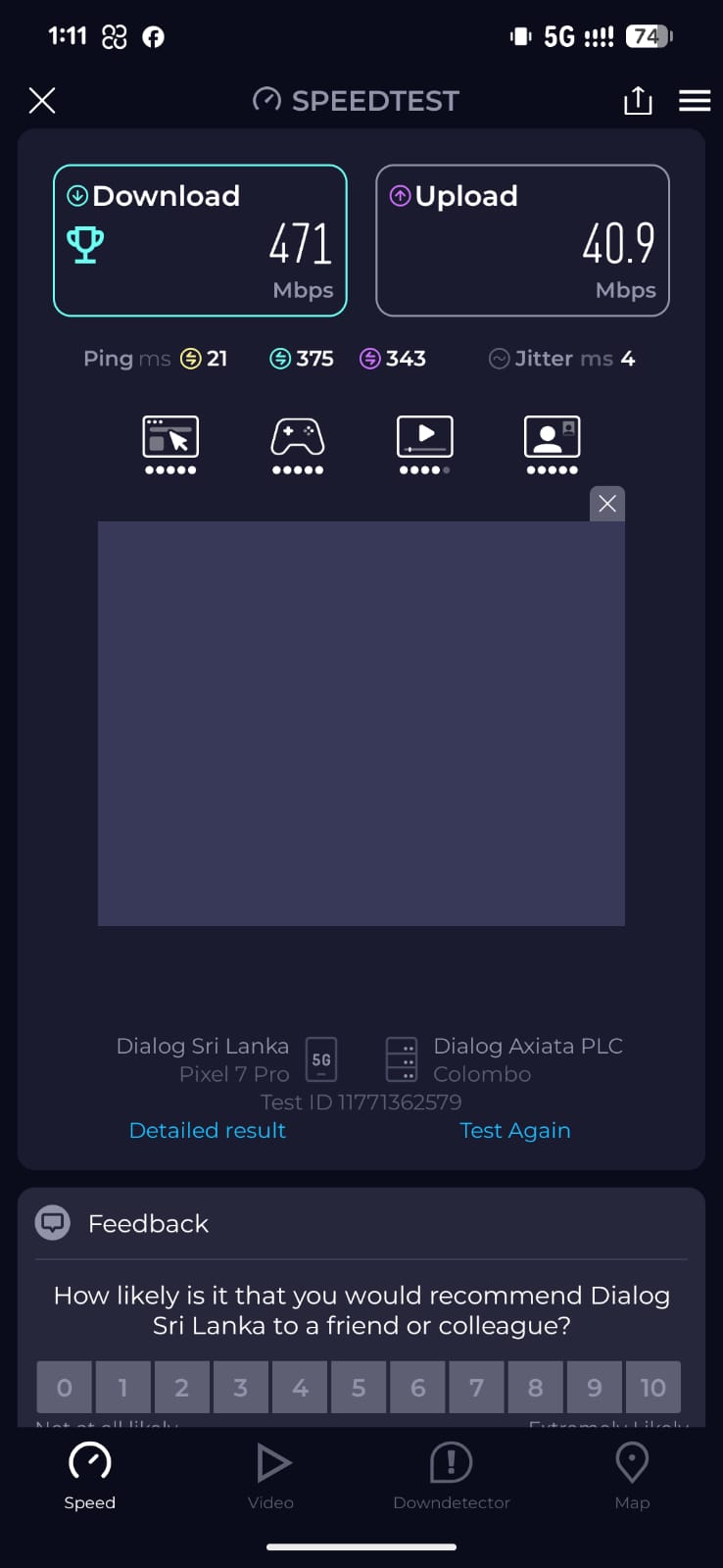 Dialog Sri Lanka 5G speed test showing 471 Mbps