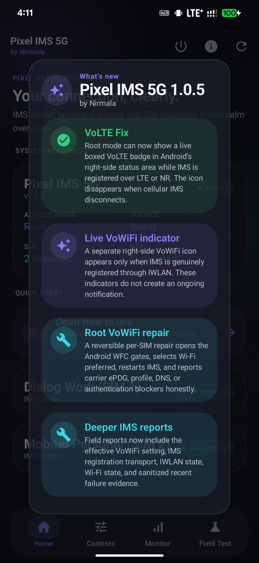 Pixel IMS 5G in-app changelog screen